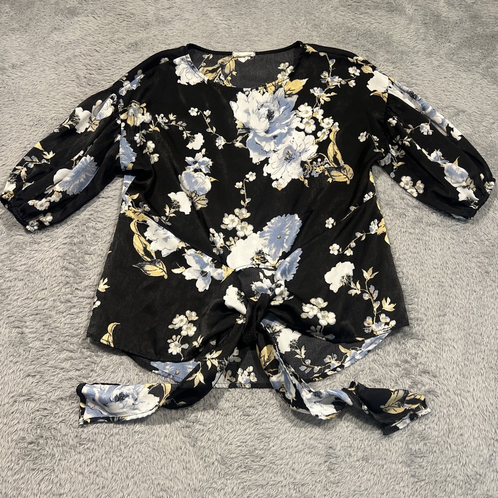 ODDY Blouse Floral Satin‎ Tie Front Puff Sleeve Black Cottagecore Women Size S
